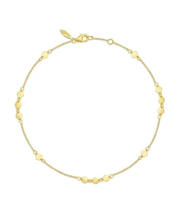 14K Yellow Gold Chain Ankle Bracelet with Diamond Shaped Stations