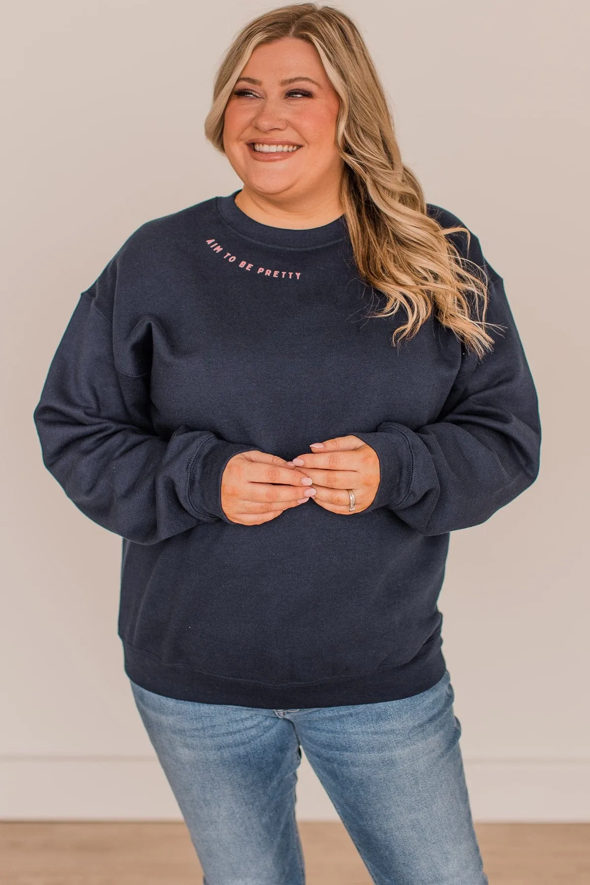 Aim To Be Pretty Crew Neck Pullover- Navy