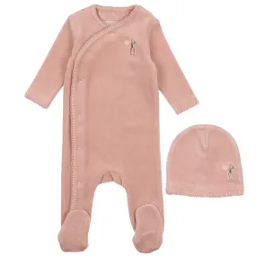 Bee & Dee Dusty Pink Embroidered Edge Velour Stretchie with Beanie