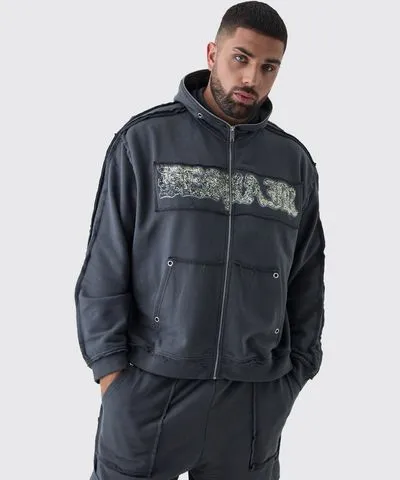 boohoo Mens Plus Oversized Boxy Applique Eyelet Zip Through Loopback Hoodie