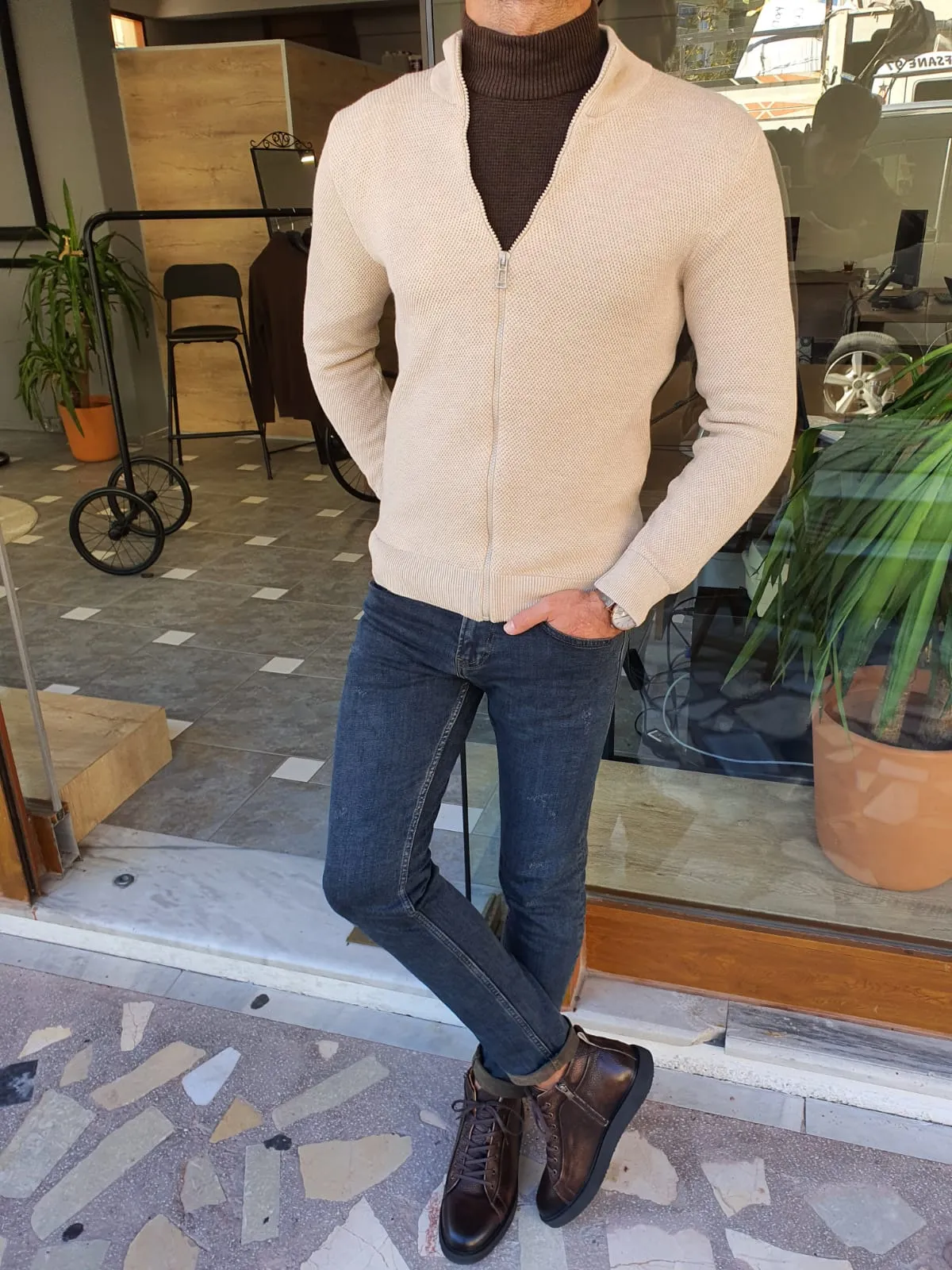 Capel Beige Slim Fit Cardigan