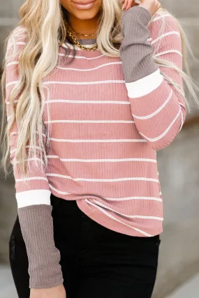 Color Block Cuffs Rib Knit Striped Pullover - Pink