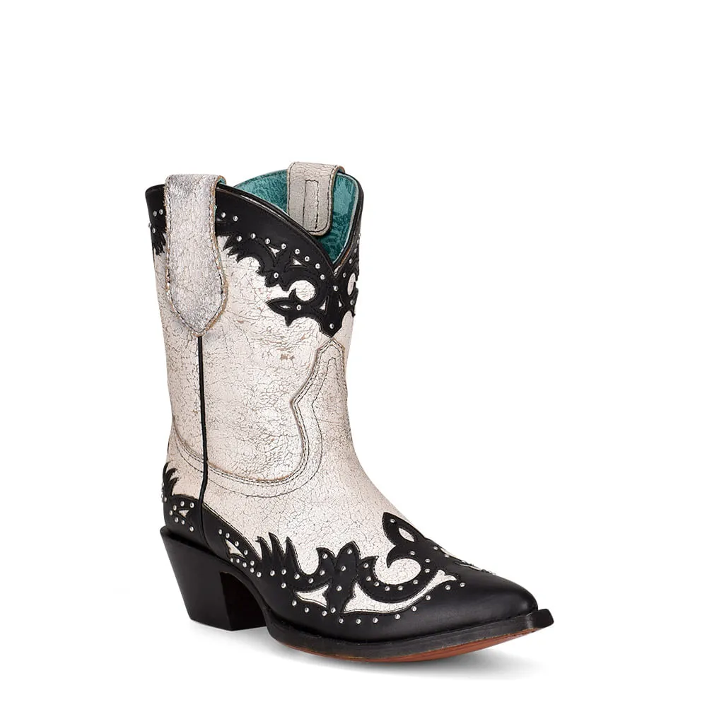 Corral Ladies White & Black Overlay Studded Ankle