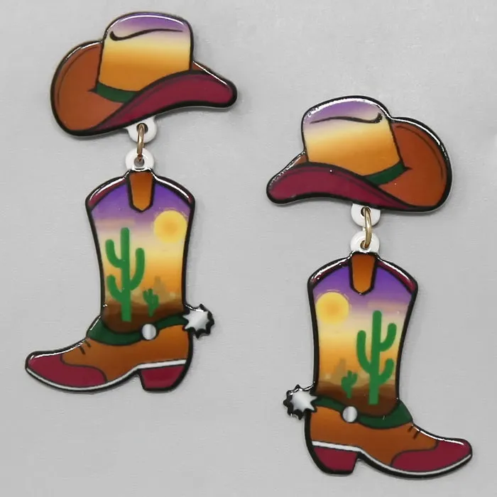 Cowgirl Hat & Boot Acrylic Drop Earrings