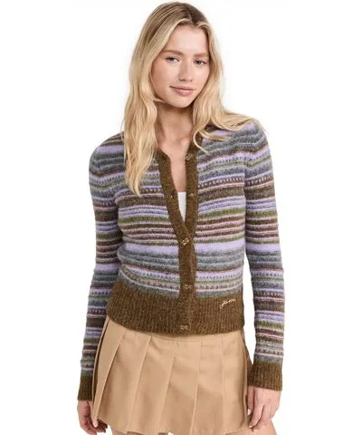 Ganni Soft Wool Stripe Cardigan Military Olive XXS