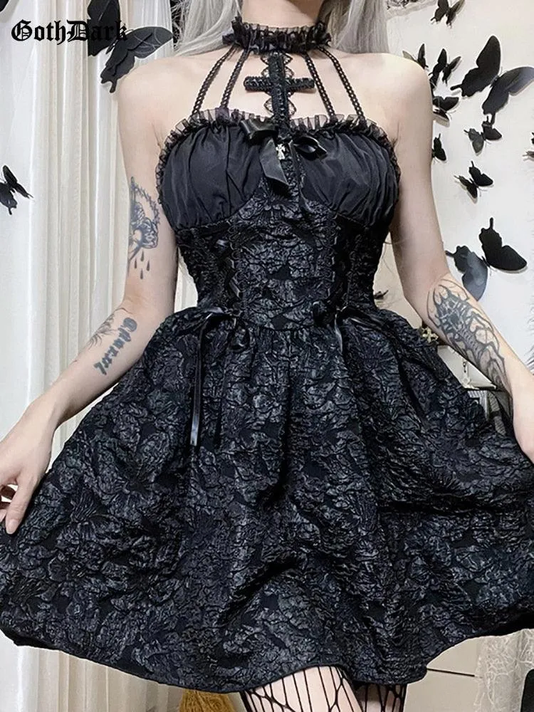 Gothic Emo Jacquard A-line Elegant Ruched Bandage Club Dress