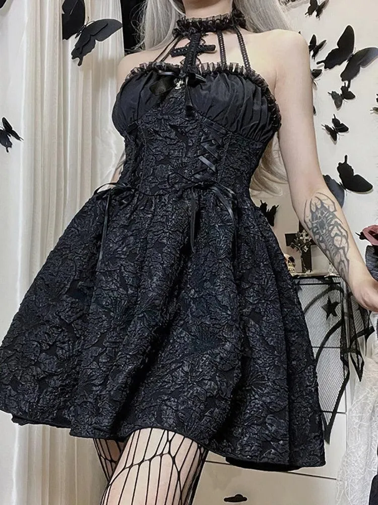 Gothic Emo Jacquard A-line Elegant Ruched Bandage Club Dress