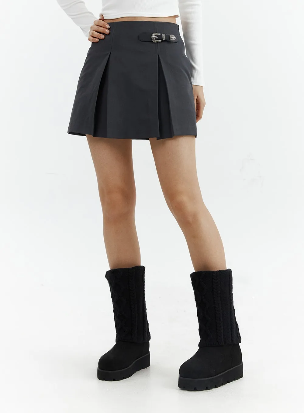 Gray Pleated Belted Mini Skirt CJ423