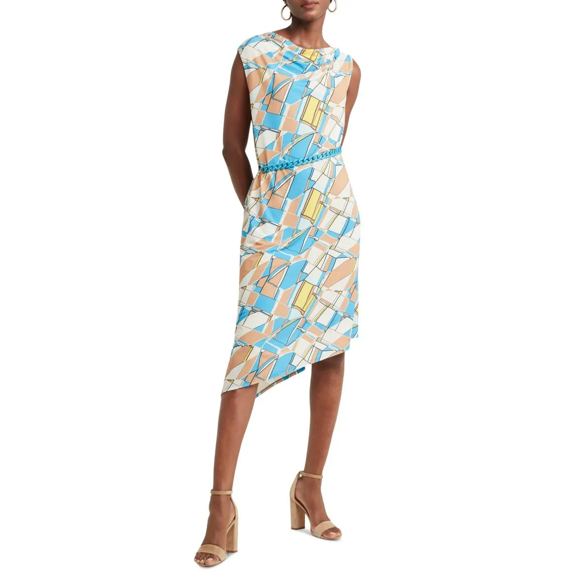 H Halston Womens Asymmetric Printed Sheath Dress