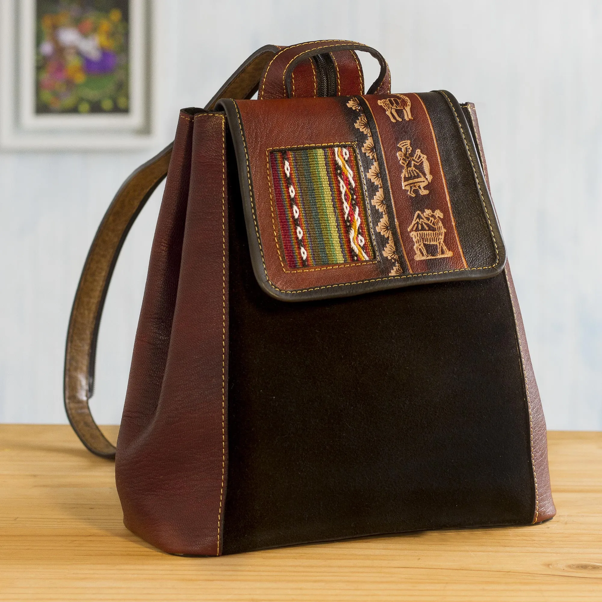 Hand- Tooled Leather and Suede Backpack, 