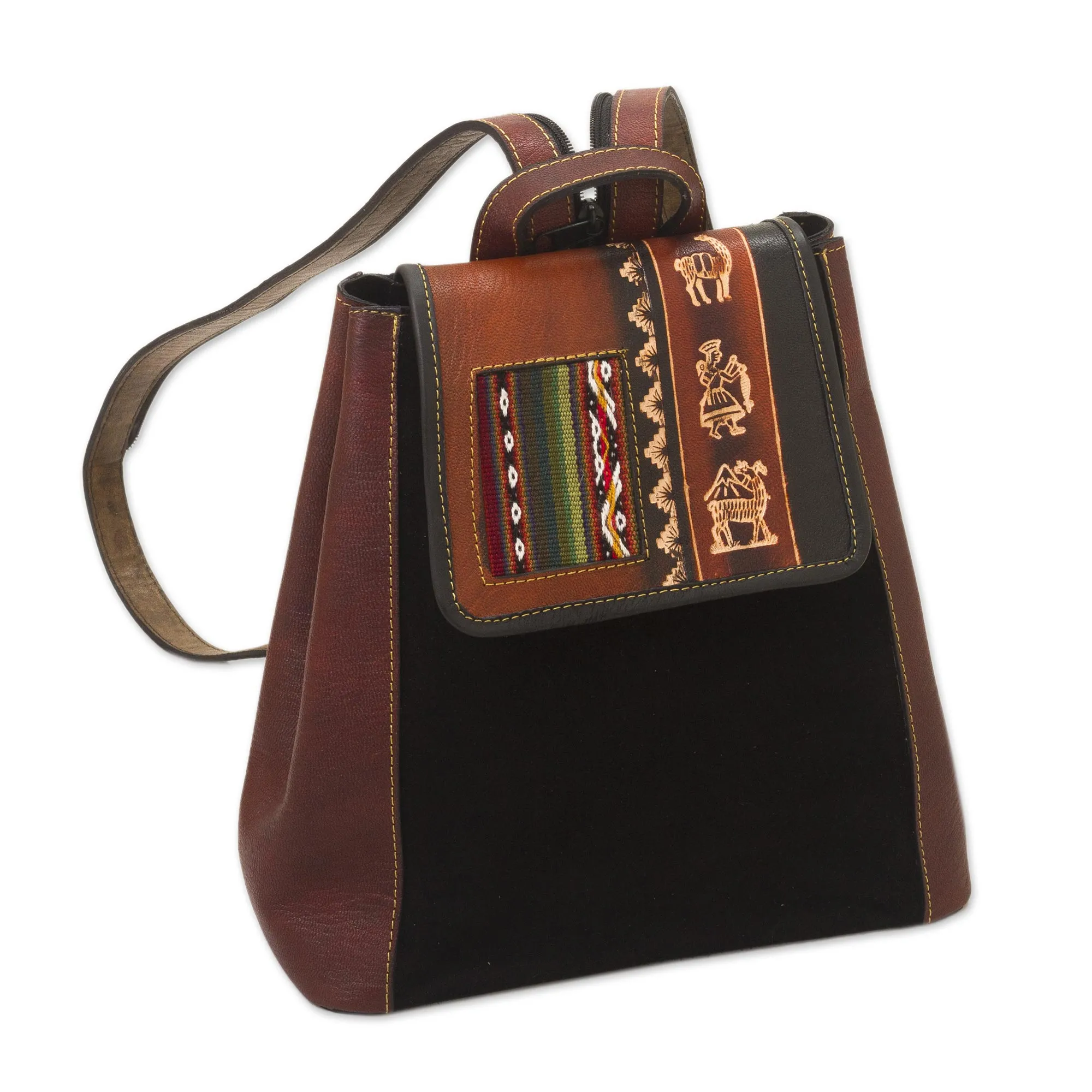 Hand- Tooled Leather and Suede Backpack, 