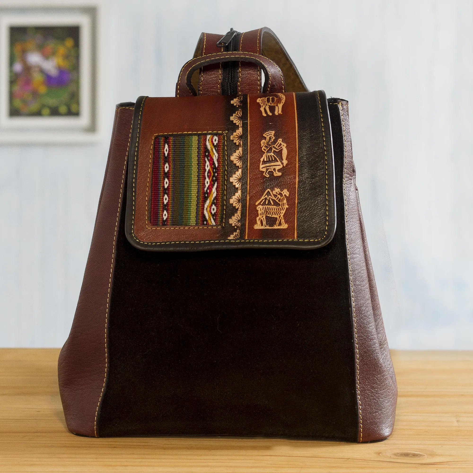 Hand- Tooled Leather and Suede Backpack, 