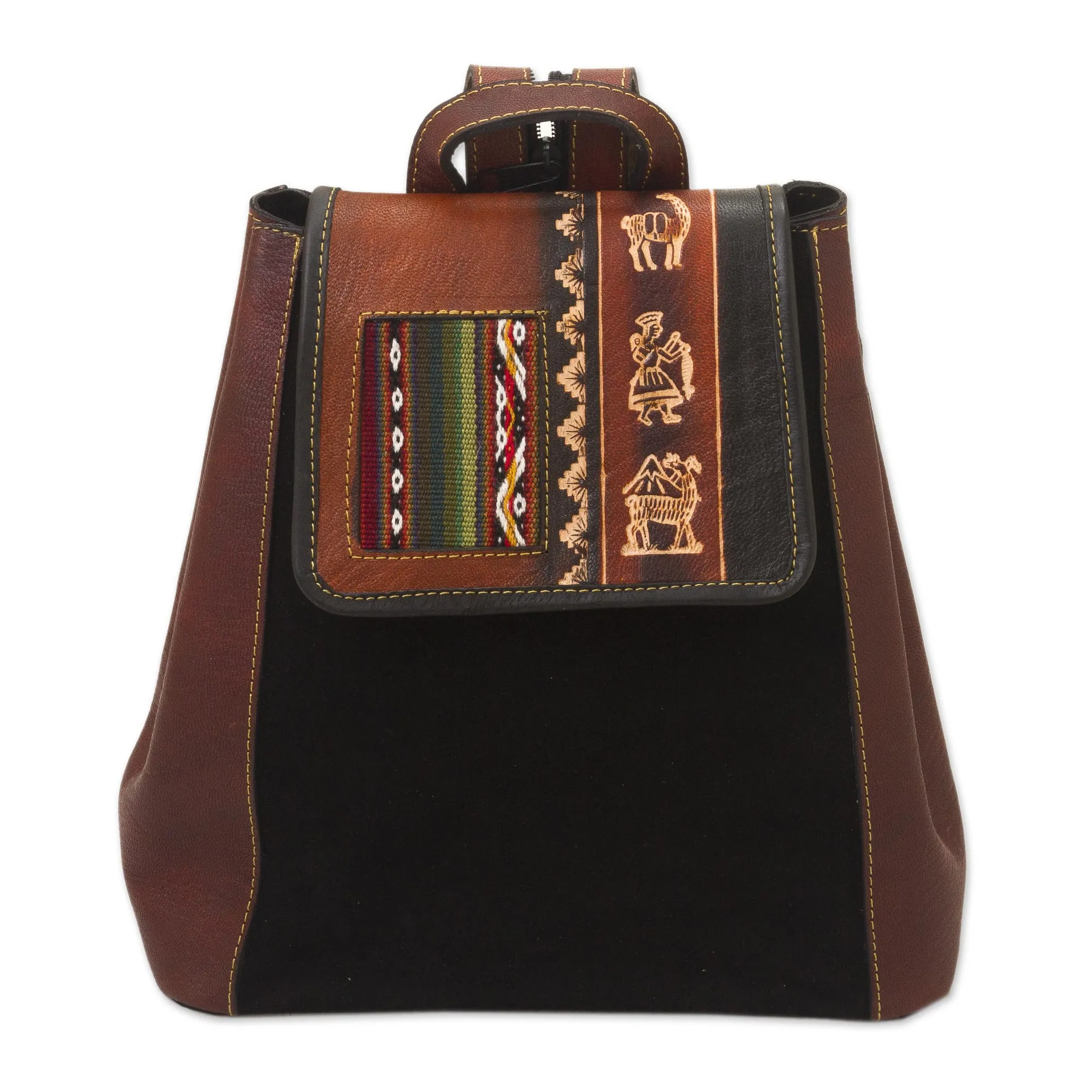 Hand- Tooled Leather and Suede Backpack, 