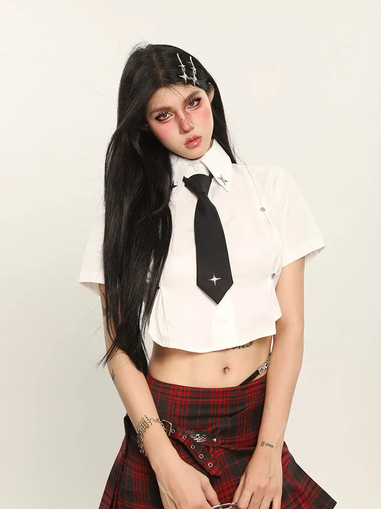 Kelsy Solid Color Stitching Design Cropped Office Shirt Top + Necktie