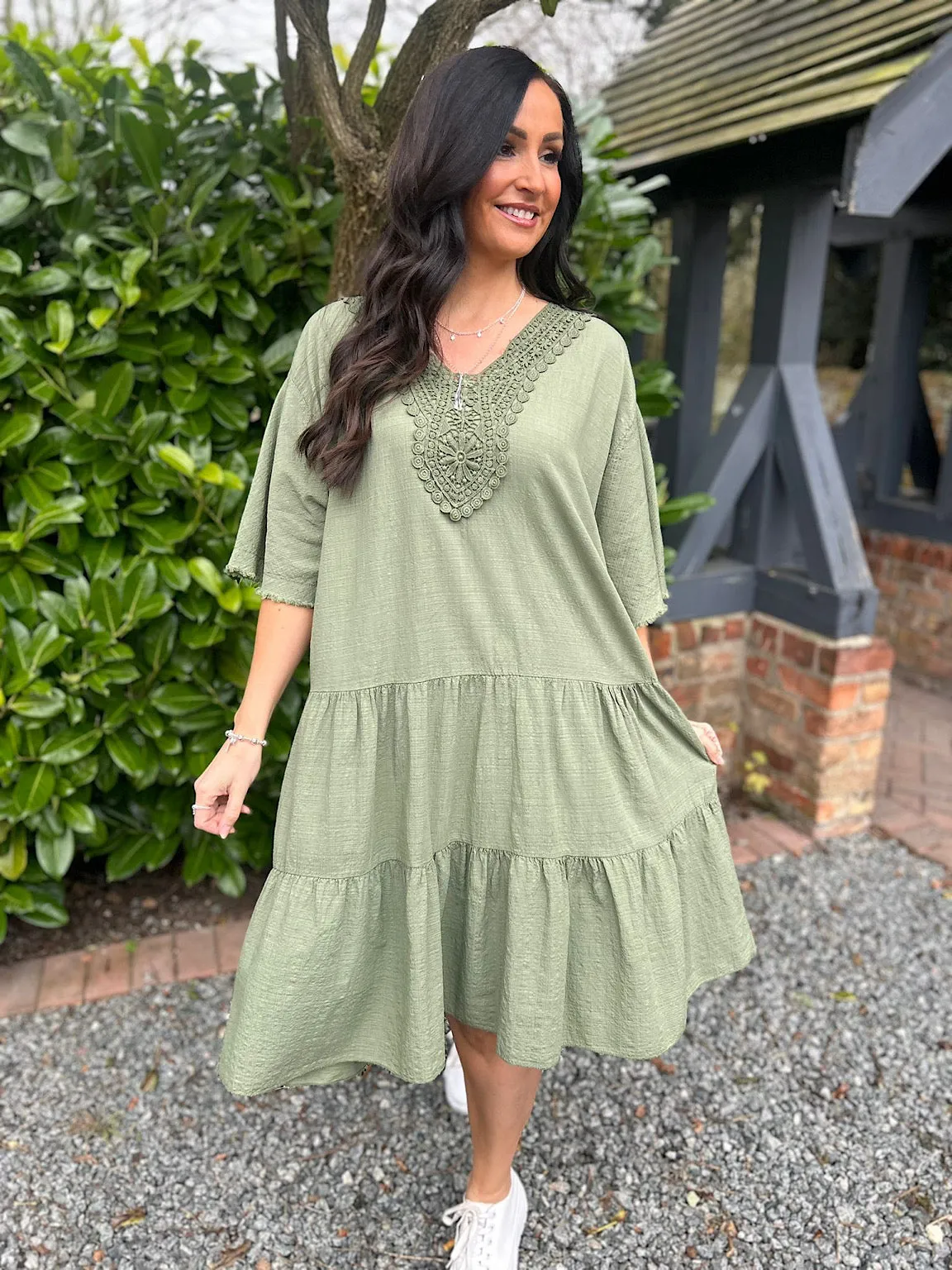 Khaki Crochet Tiered Tunic Dress Brenda