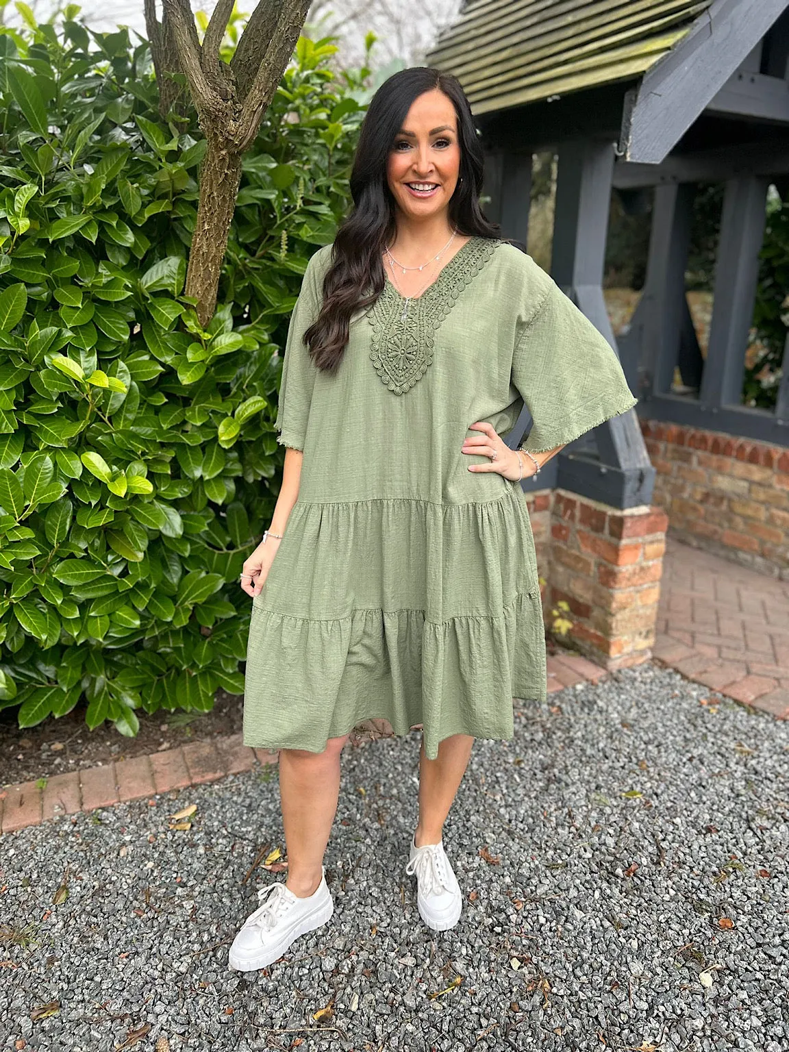 Khaki Crochet Tiered Tunic Dress Brenda