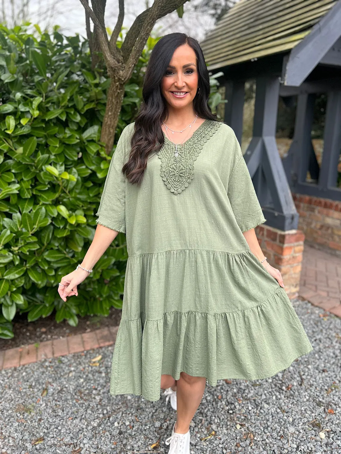 Khaki Crochet Tiered Tunic Dress Brenda