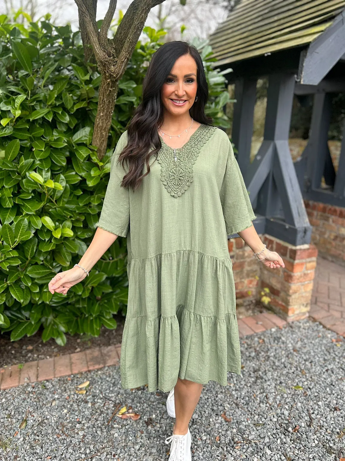 Khaki Crochet Tiered Tunic Dress Brenda