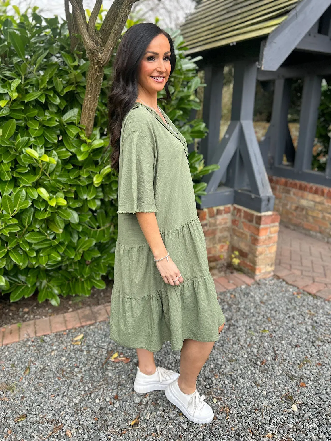 Khaki Crochet Tiered Tunic Dress Brenda