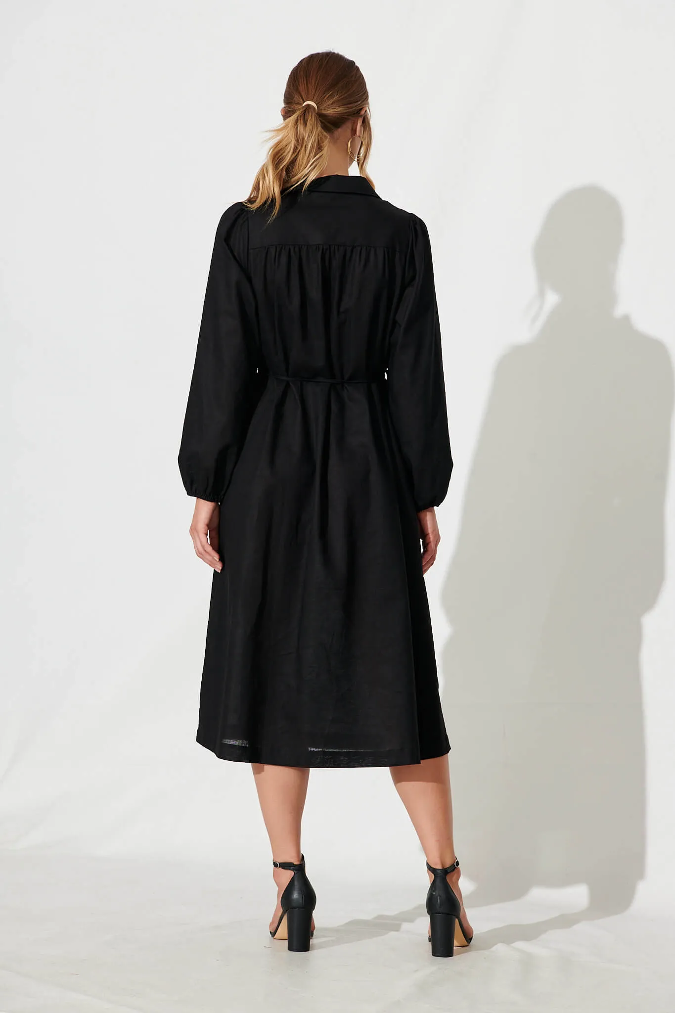 Landed Midi Shirt Dress In Black Cotton Linen