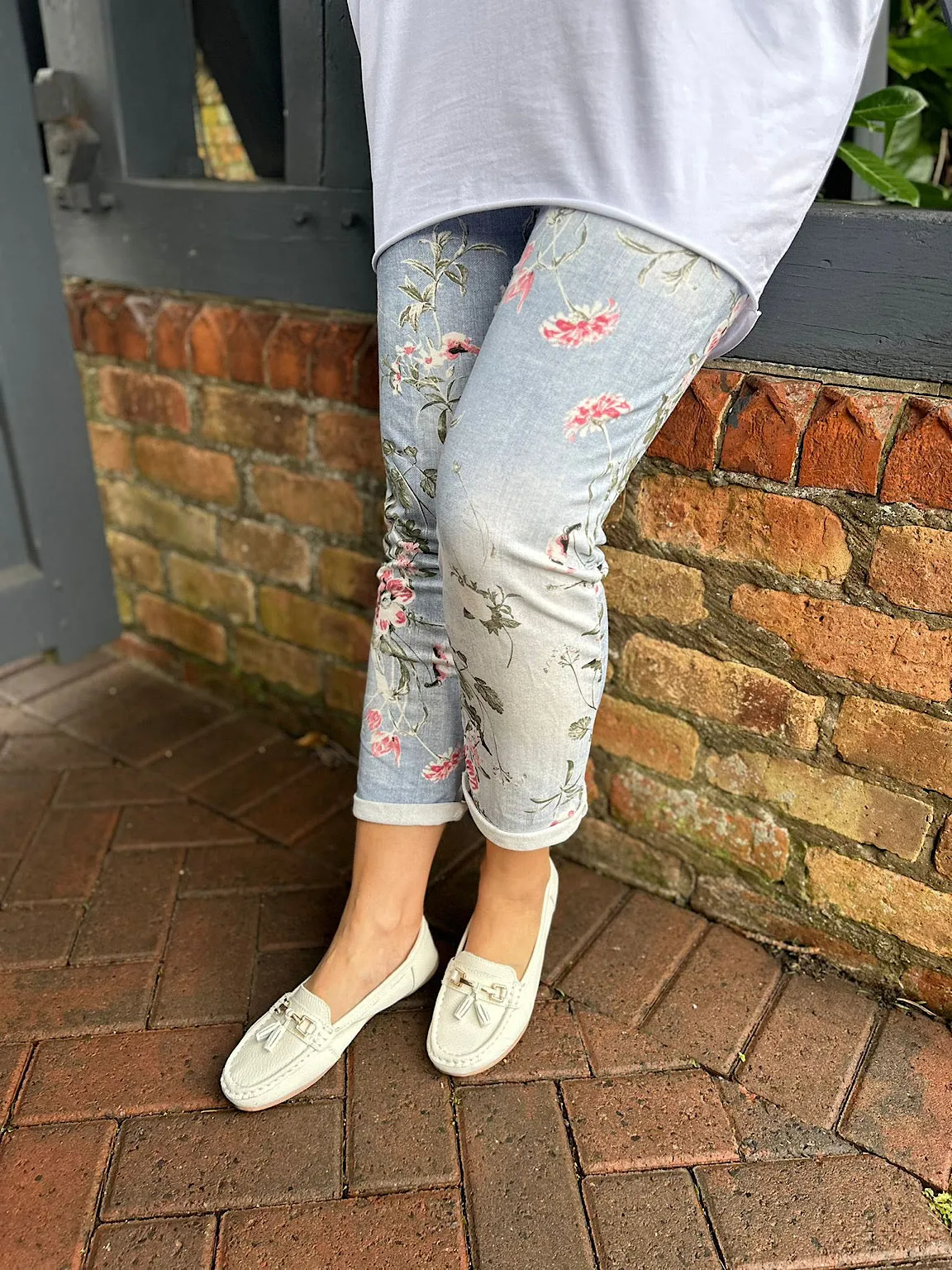 Light Denim Printed Floral Joggers India