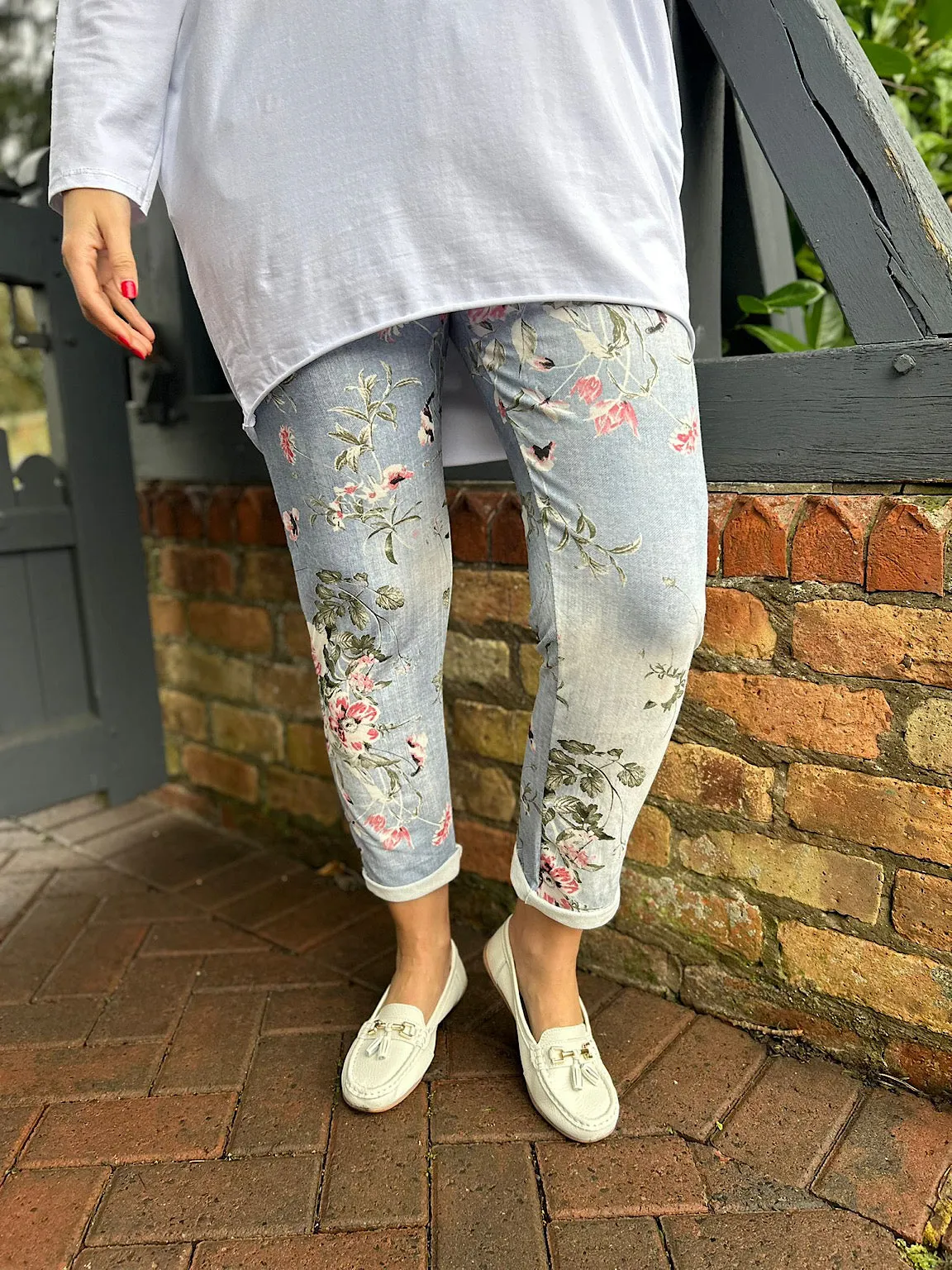 Light Denim Printed Floral Joggers India