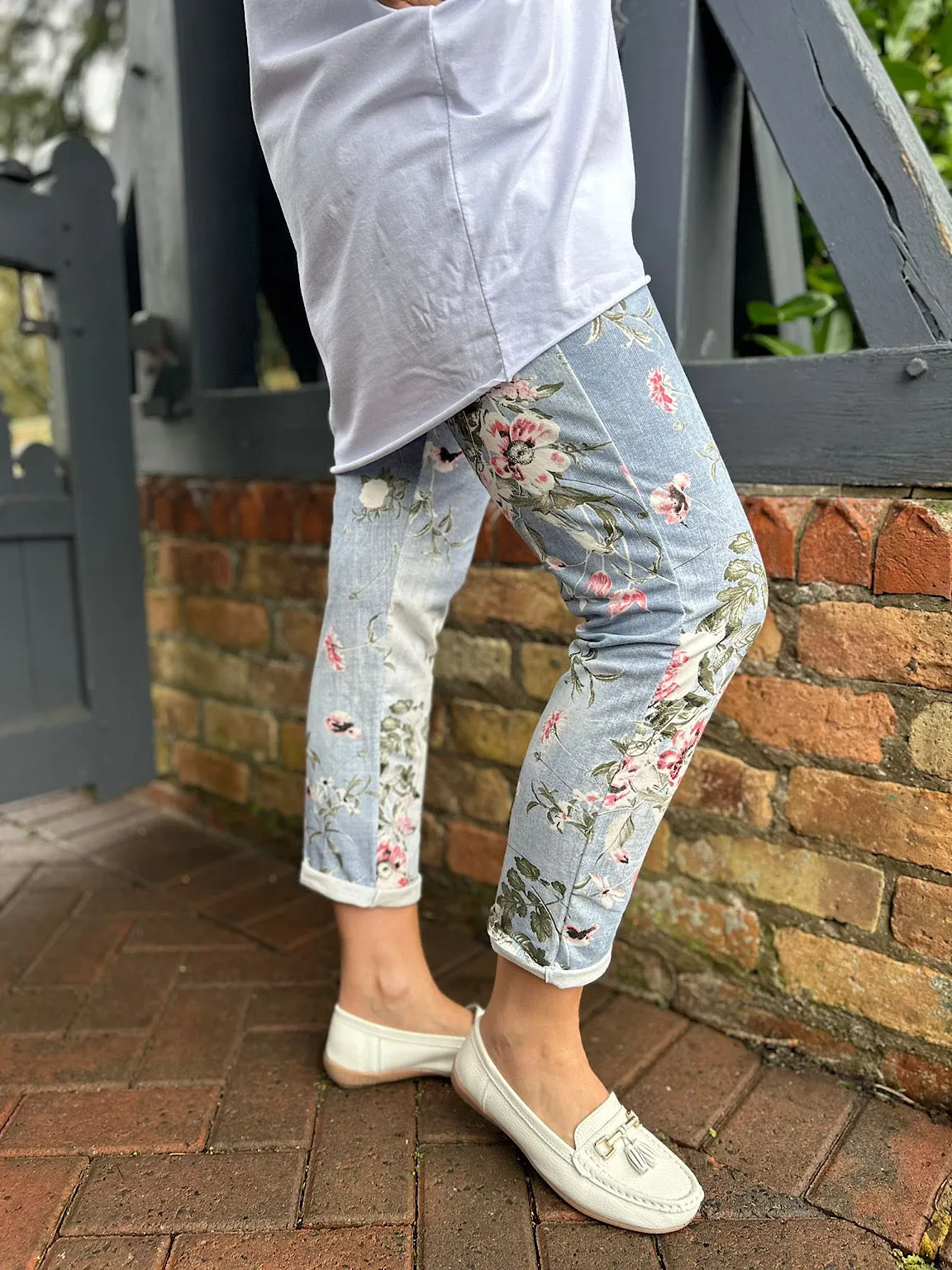 Light Denim Printed Floral Joggers India