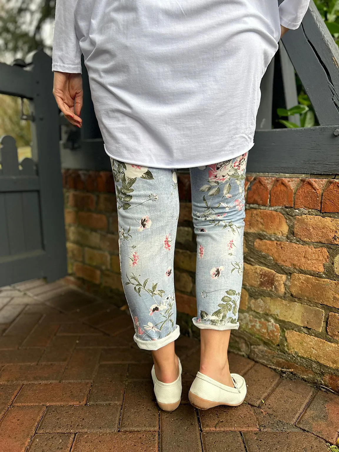 Light Denim Printed Floral Joggers India