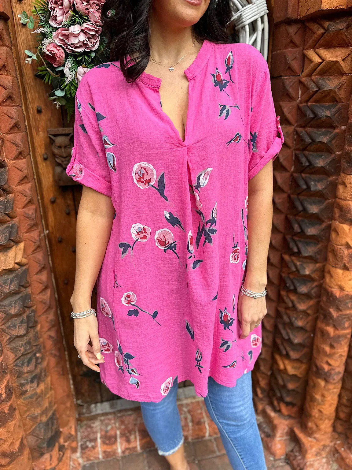 Lipstick Pink Floral Pocket Tunic Sasha