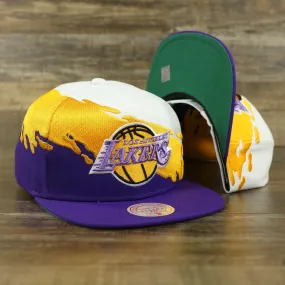 Los Angeles Lakers Vintage Retro NBA Paintbrush Mitchell and Ness Snapback Hat | Purple/White/Yellow