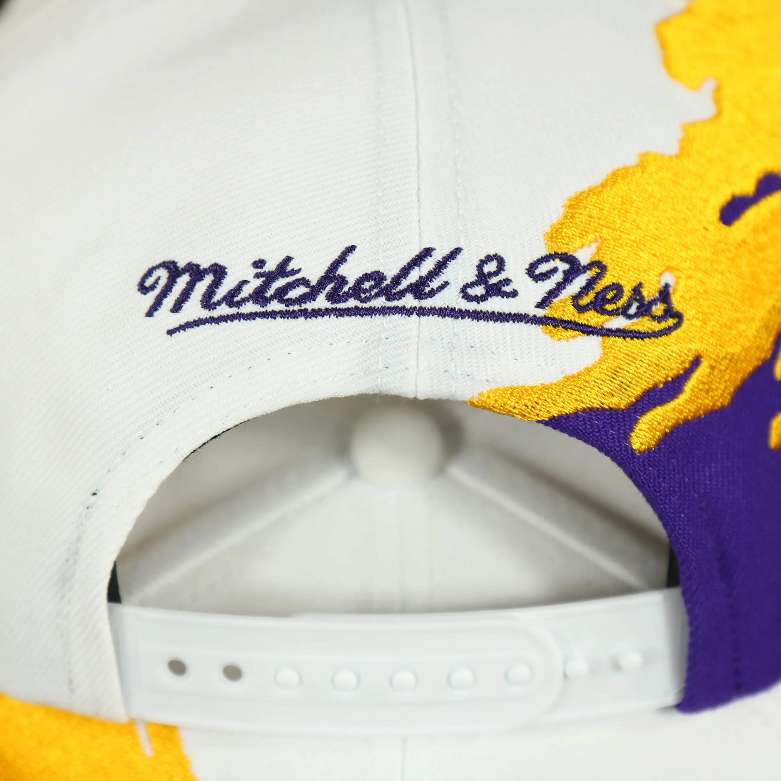 Los Angeles Lakers Vintage Retro NBA Paintbrush Mitchell and Ness Snapback Hat | Purple/White/Yellow