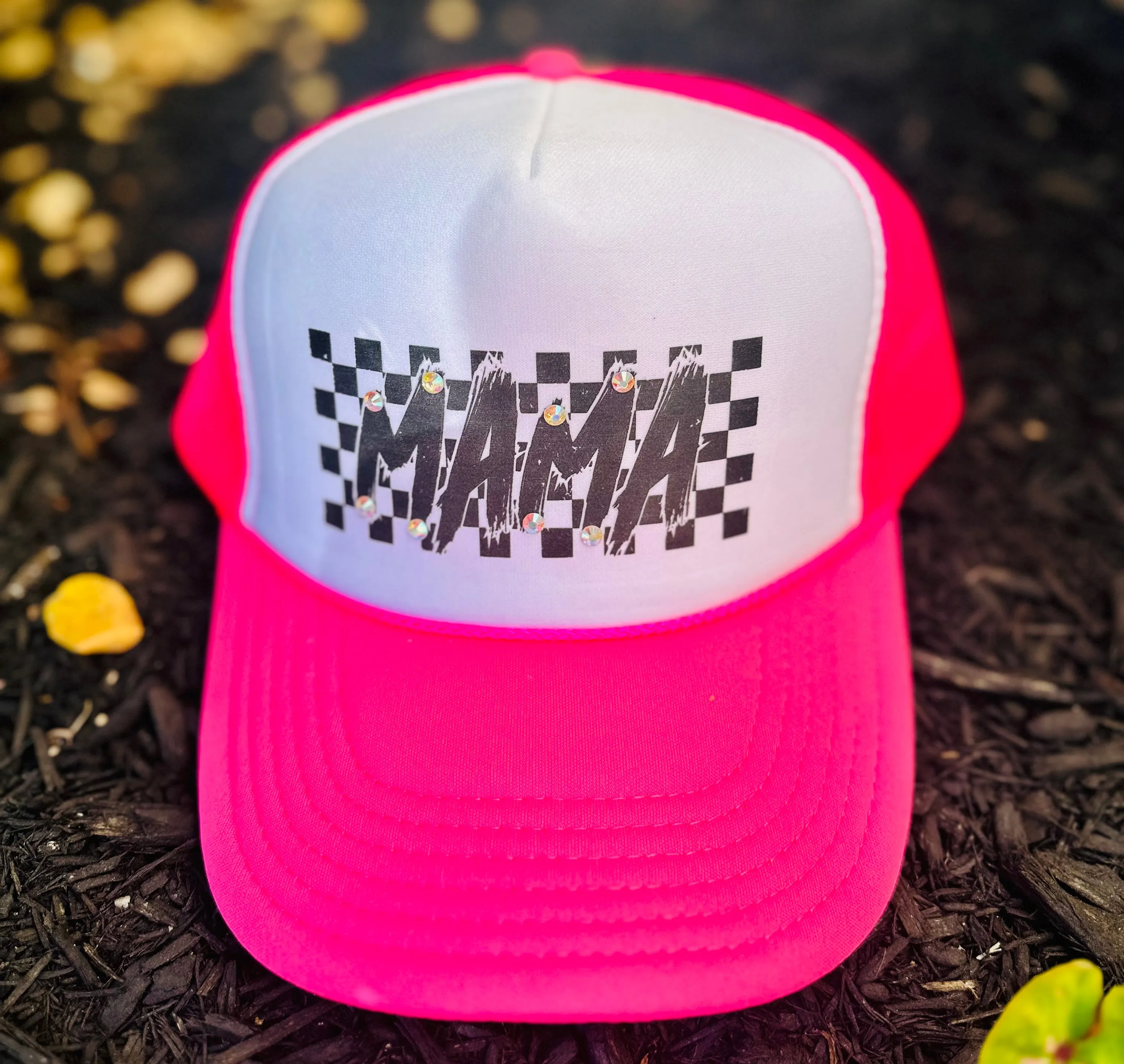 Mama Checkered Rhinestone Trucker Hat