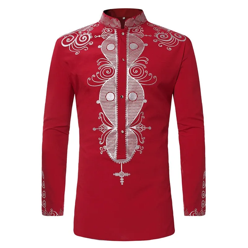 Men's African Tribal Slim Fitted Longline Mandarin Collar Long Sleeve Shirt