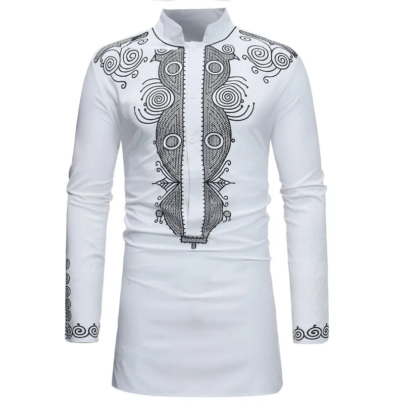 Men's African Tribal Slim Fitted Longline Mandarin Collar Long Sleeve Shirt