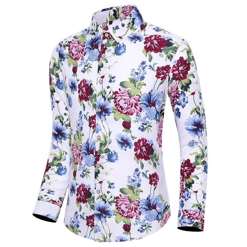 Men's Casual Plant Floral Printed Pattern Slim Fit Long Sleeve Shirt