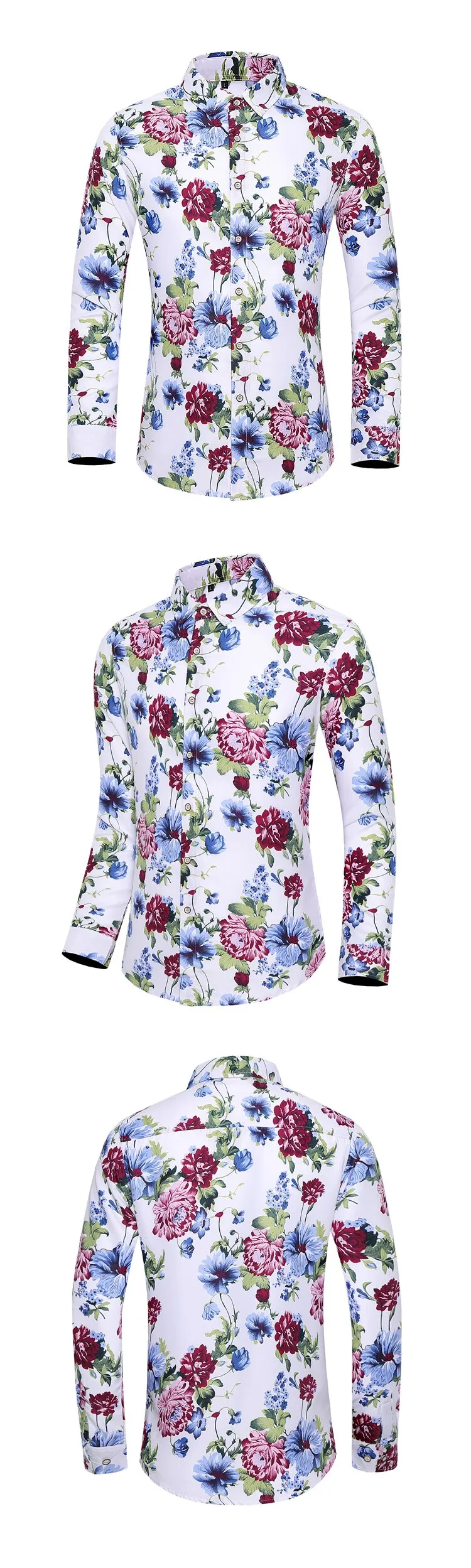 Men's Casual Plant Floral Printed Pattern Slim Fit Long Sleeve Shirt