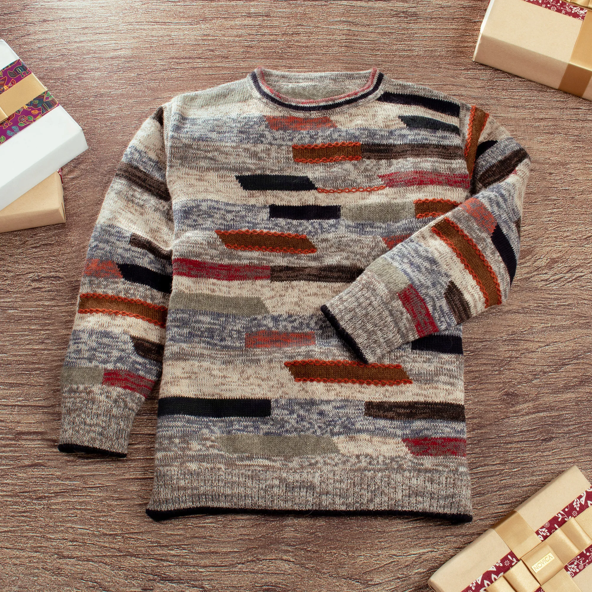 Men's colourful Patterned 100% Alpaca Pullover from Peru, 