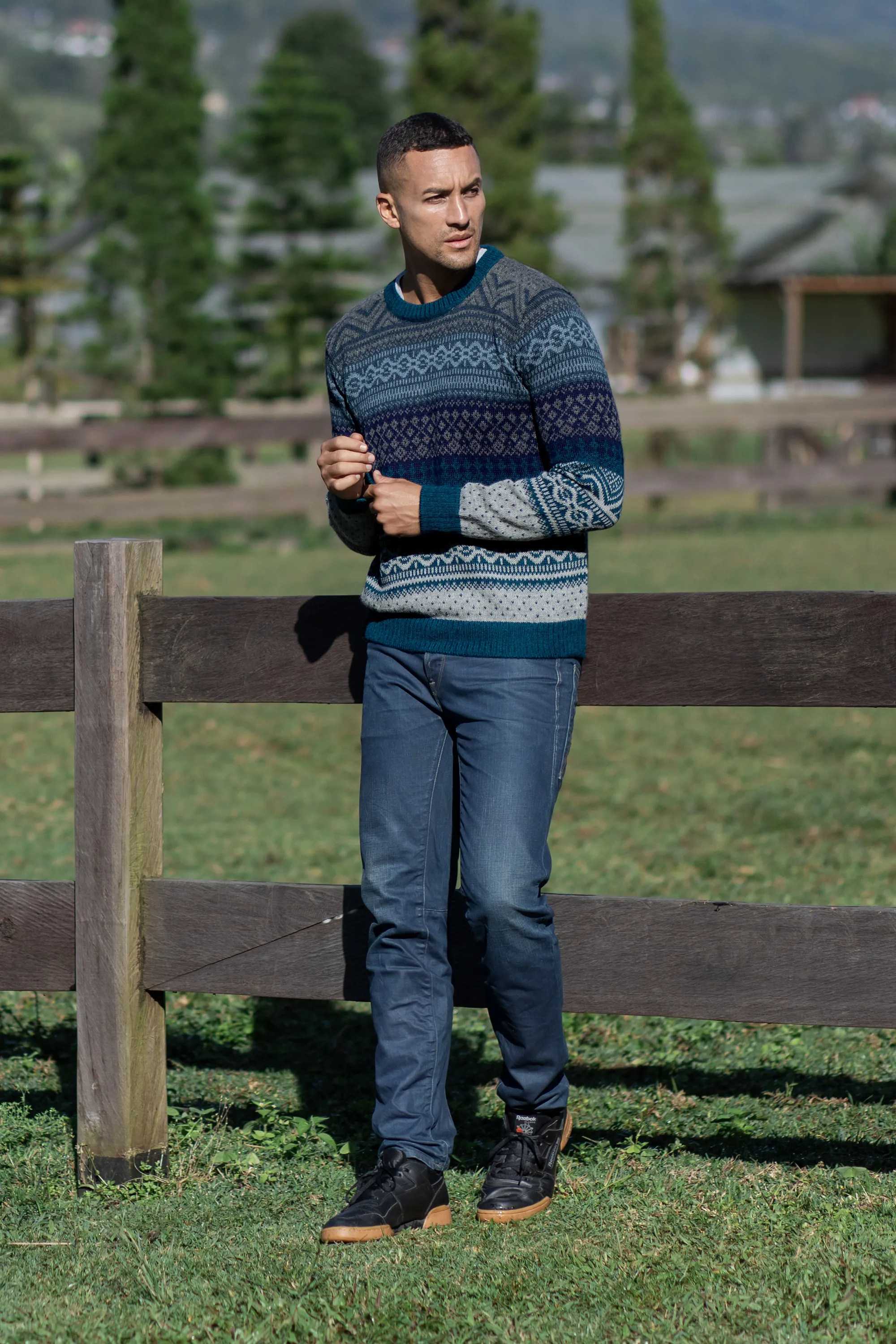 Men's Soft Teal and Blue 100% Alpaca Pullover from Peru, 