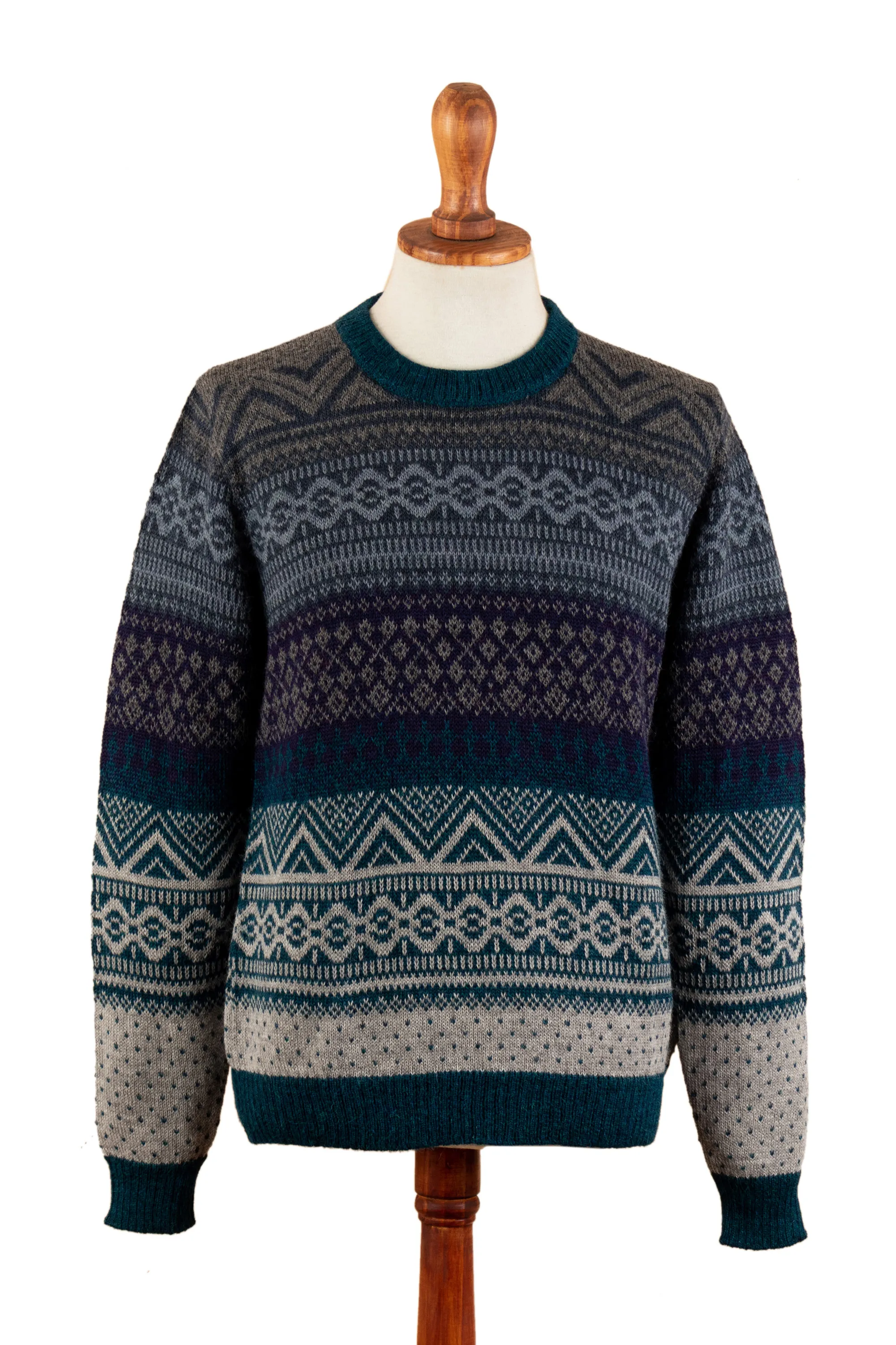 Men's Soft Teal and Blue 100% Alpaca Pullover from Peru, 