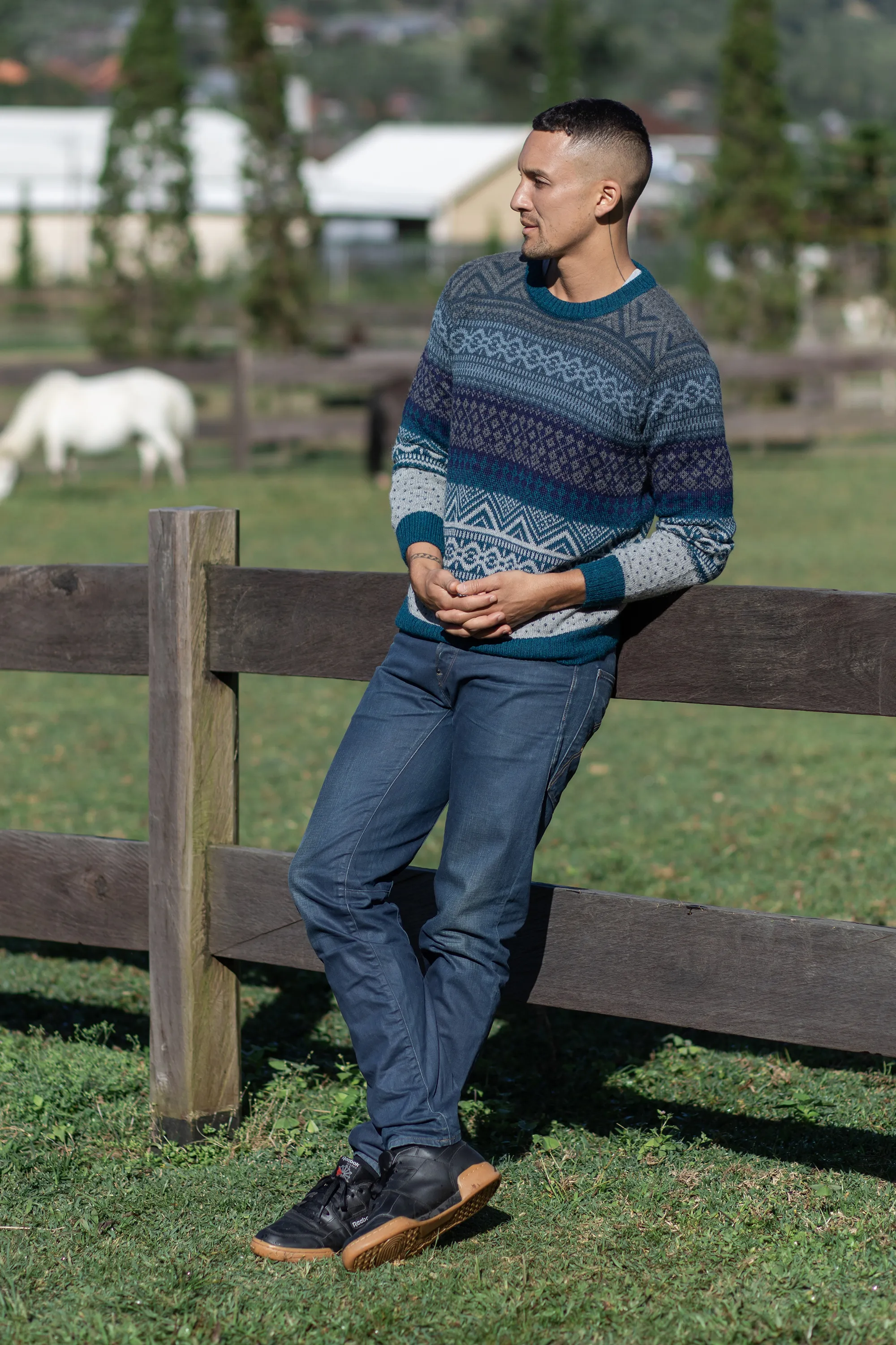 Men's Soft Teal and Blue 100% Alpaca Pullover from Peru, 