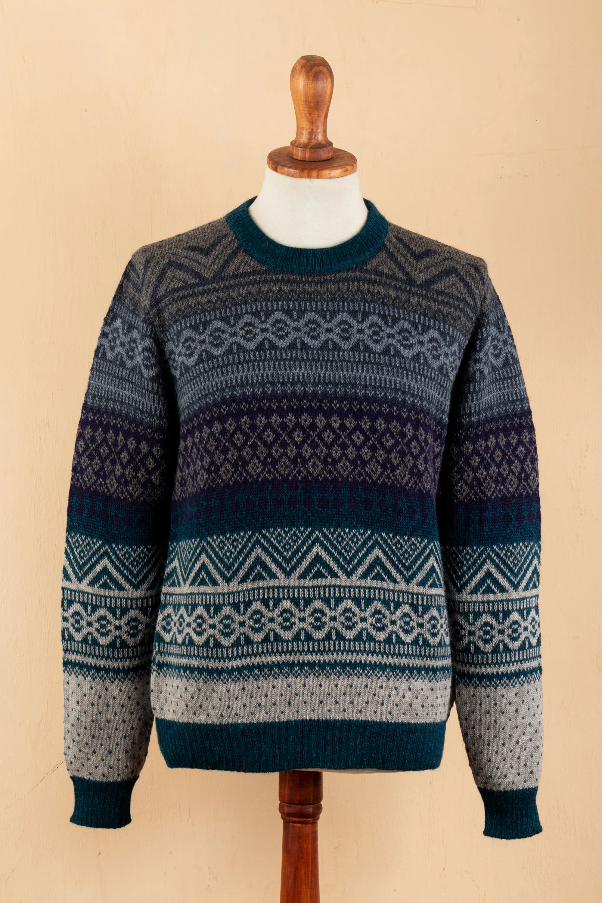 Men's Soft Teal and Blue 100% Alpaca Pullover from Peru, 