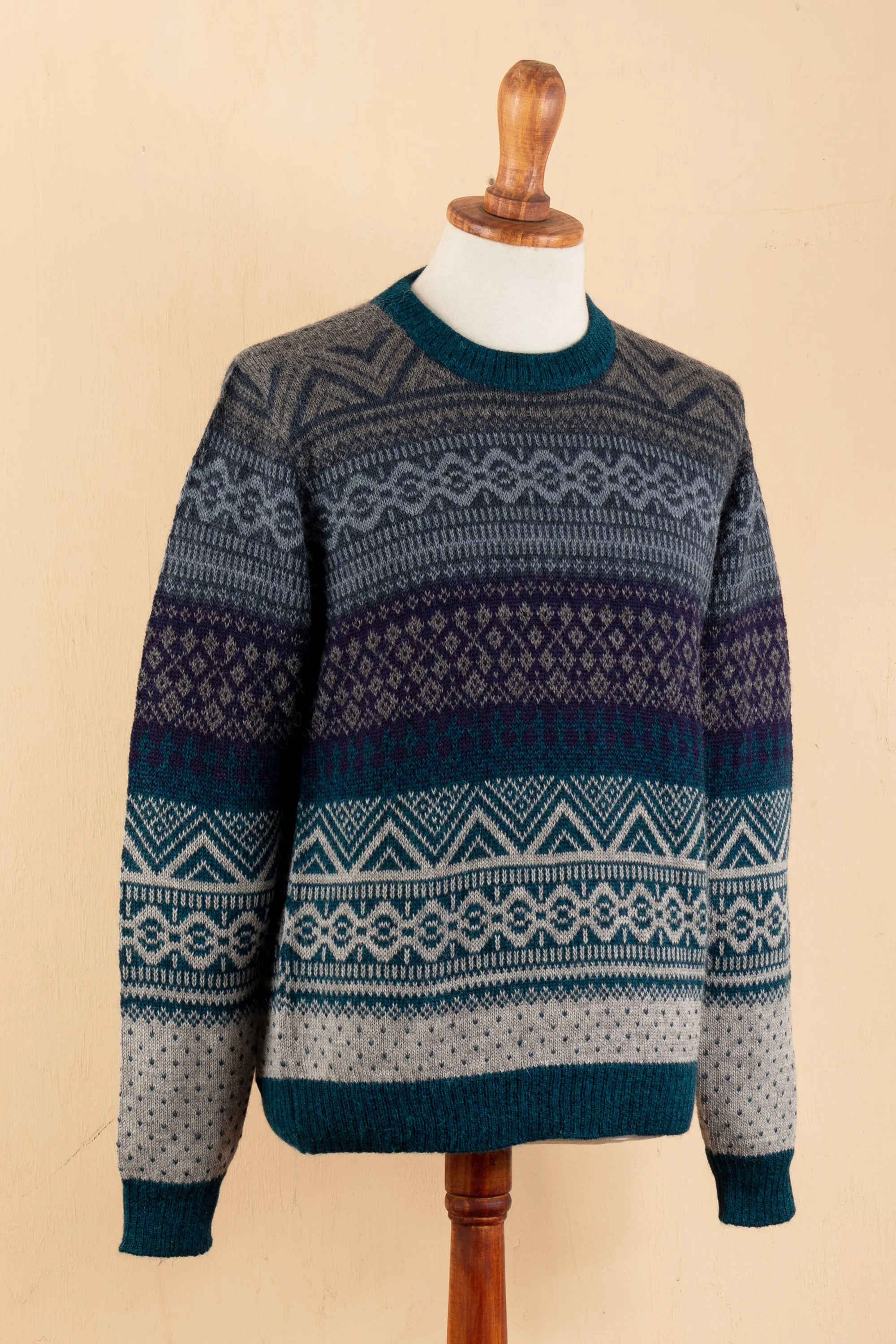 Men's Soft Teal and Blue 100% Alpaca Pullover from Peru, 