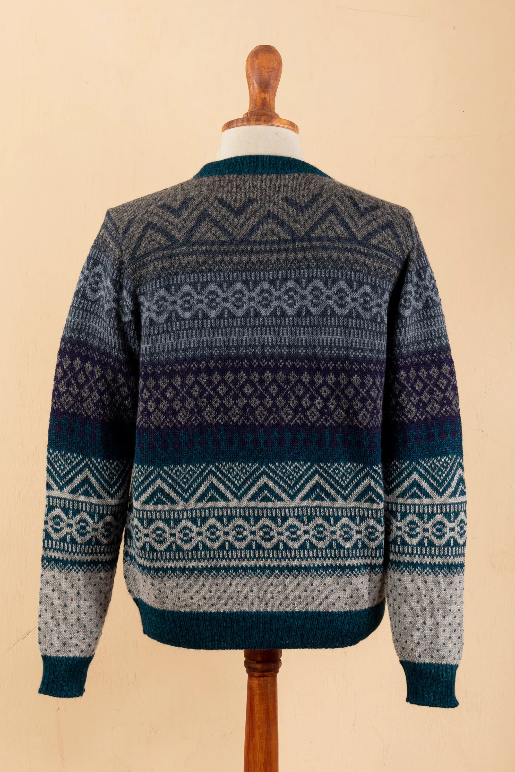 Men's Soft Teal and Blue 100% Alpaca Pullover from Peru, 