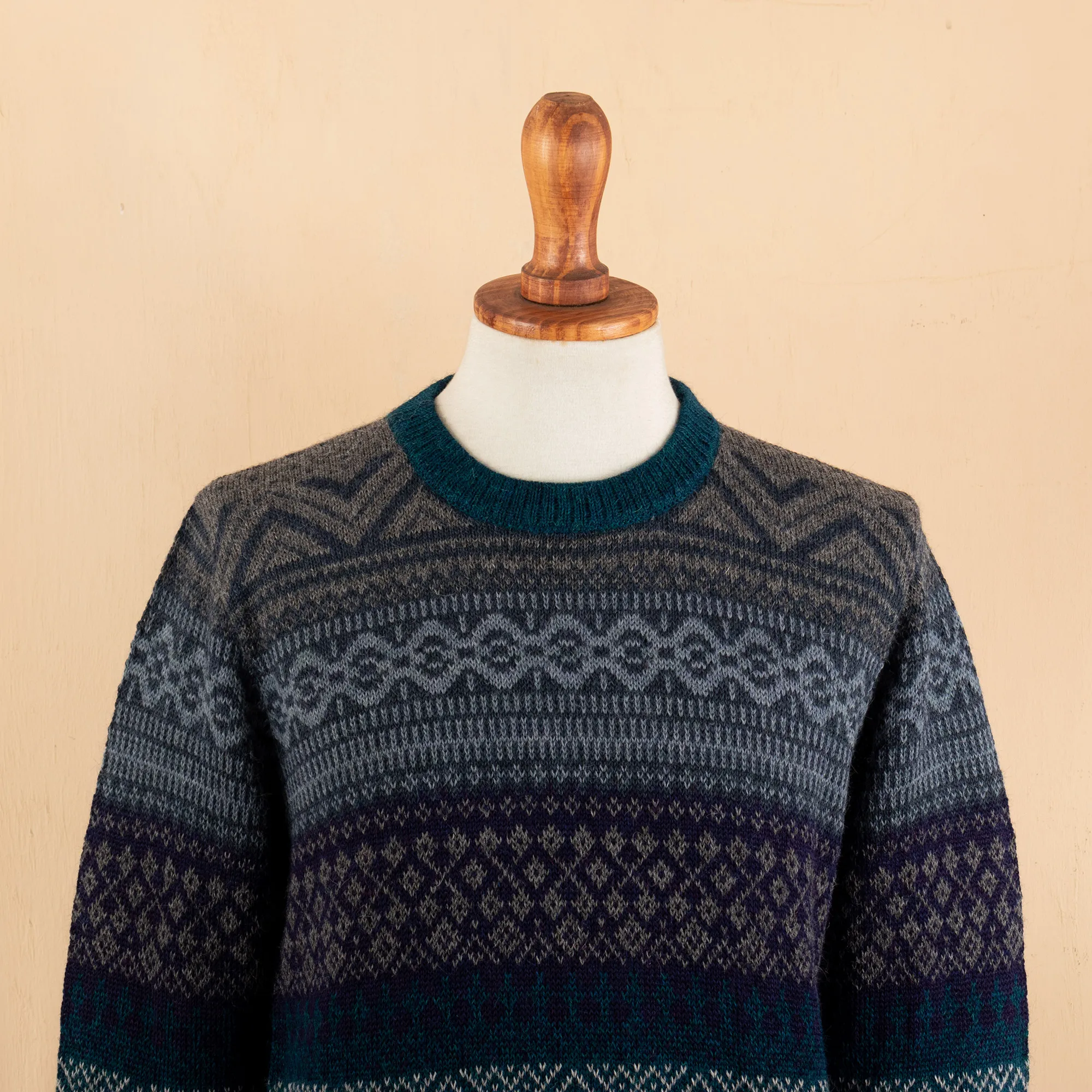 Men's Soft Teal and Blue 100% Alpaca Pullover from Peru, 