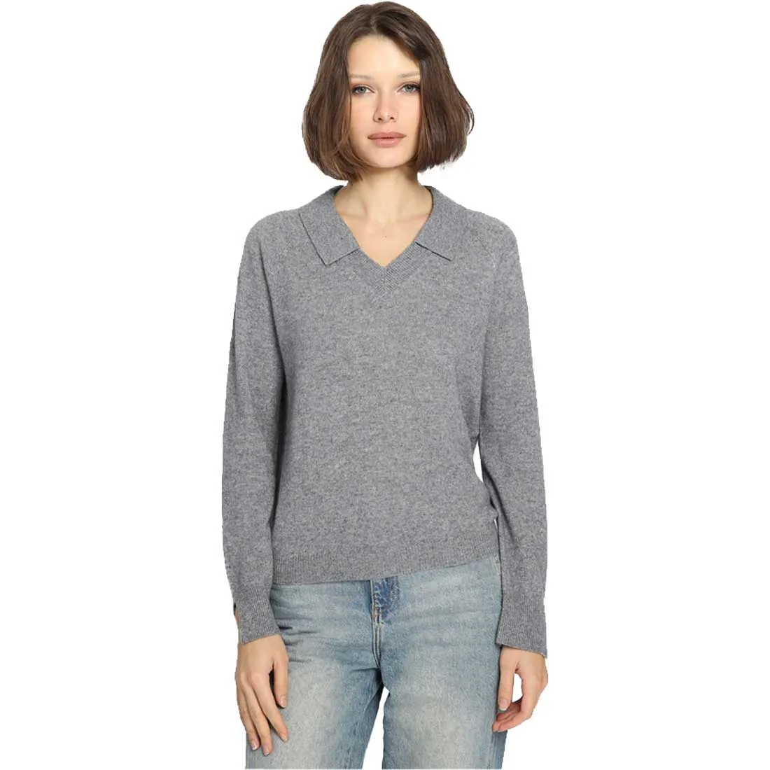 Minnie Rose Cashmere V-Neck Sweater w/Collar - Women's