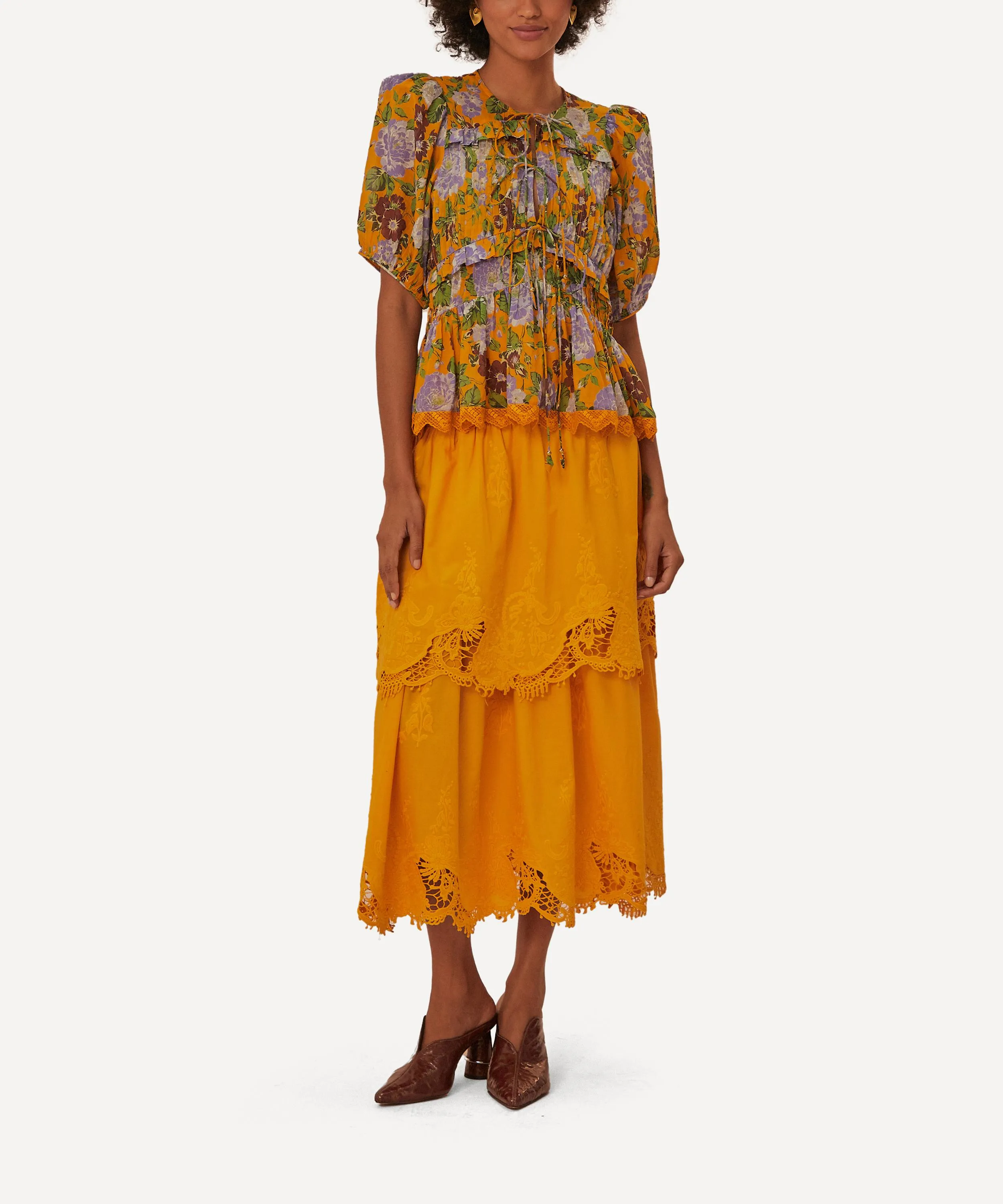 Mustard Capri Floral Short Sleeve Blouse