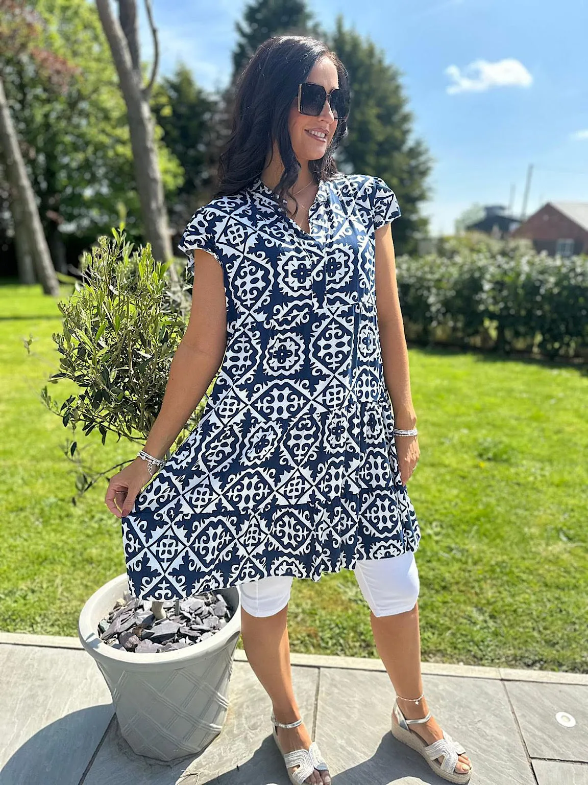 Navy Patterned Short Sleeve Tunic Vanessa