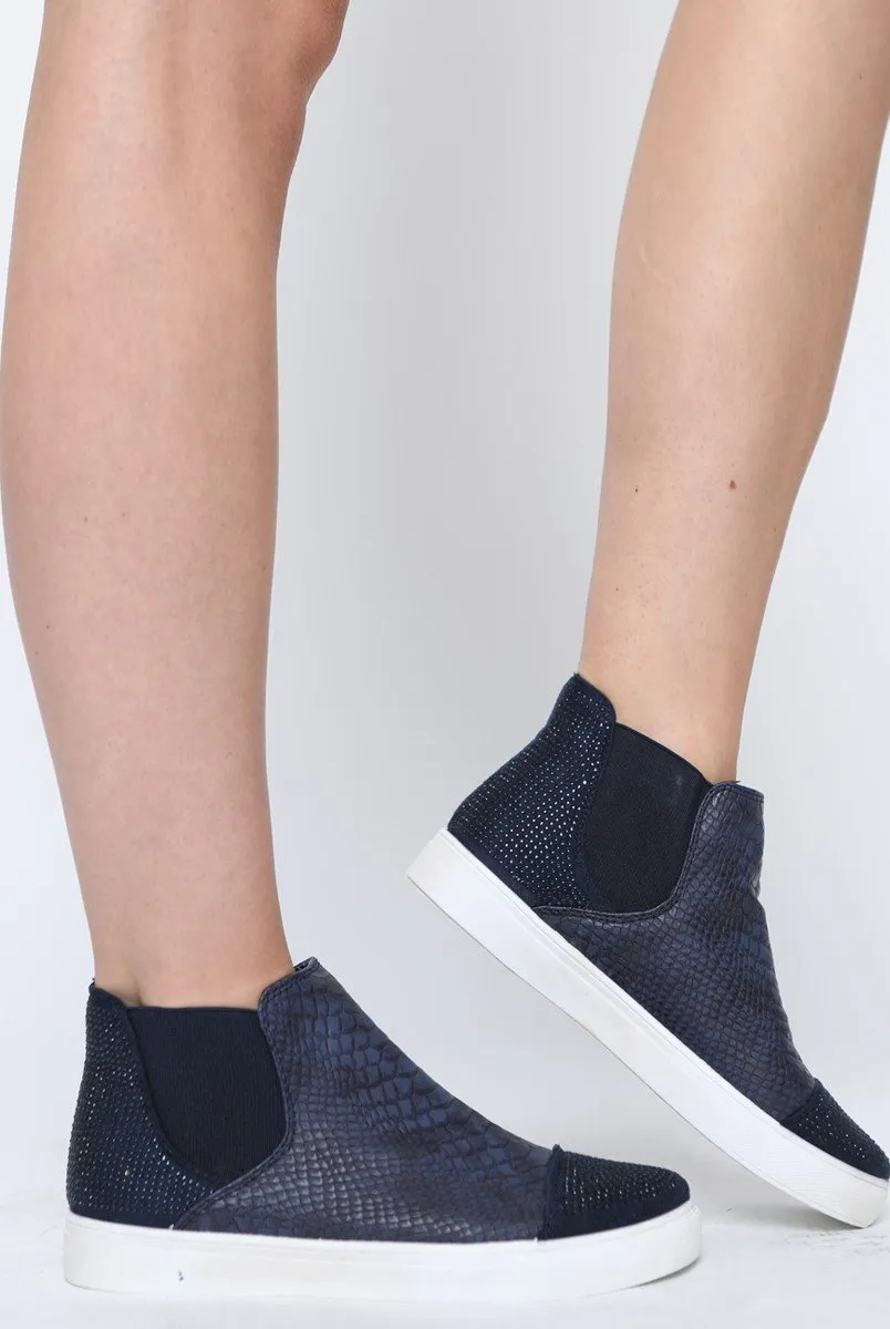 Navy Snakeskin Diamante High Top Trainers - Kaia