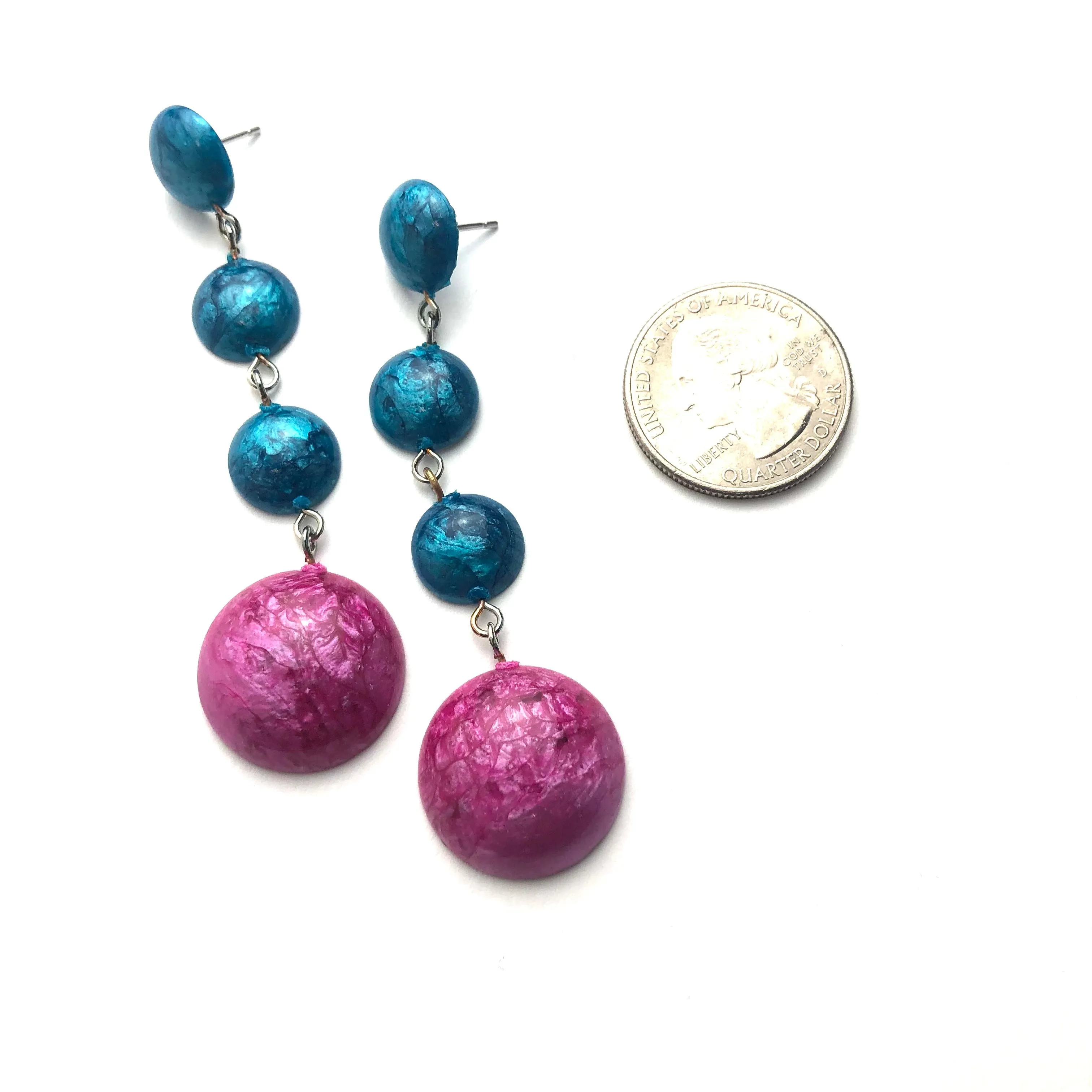 Peacock & Hot Pink Capiz Drop Statement Earrings