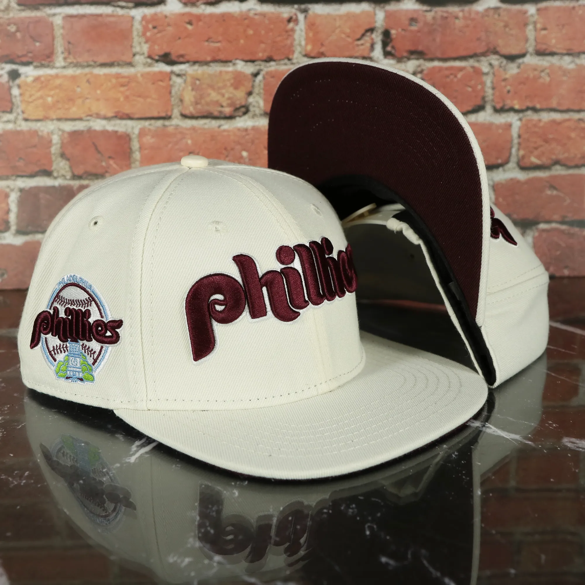 Philadelphia Phillies Cooperstown 1970 Phillies Script 1984 Phillies logo side patch Cream Snapback Hat